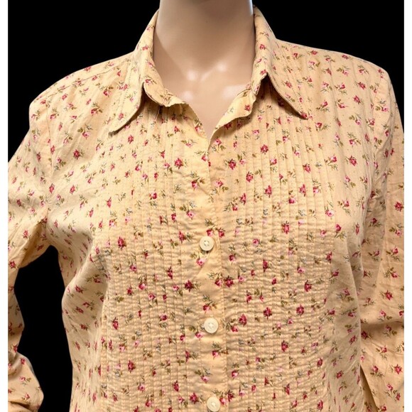 TOMMY HILFIGER Ladies Long SleeveBlouse Top MEDIUM Pleated GOLD With Roses - Picture 2 of 6